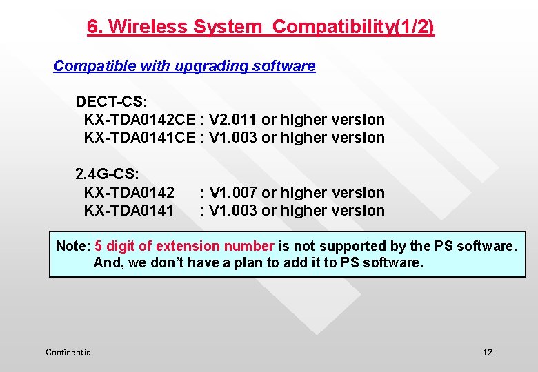 6. Wireless System Compatibility(1/2) Compatible with upgrading software DECT-CS: KX-TDA 0142 CE : V