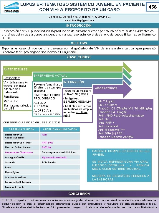 LUPUS ERITEMATOSO SISTÉMICO JUVENIL EN PACIENTE CON VIH: A PROPOSITO DE UN CASO 458