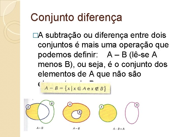 Conjunto diferença �A subtração ou diferença entre dois conjuntos é mais uma operação que Conjunto diferença �A subtração ou diferença entre dois conjuntos é mais uma operação que