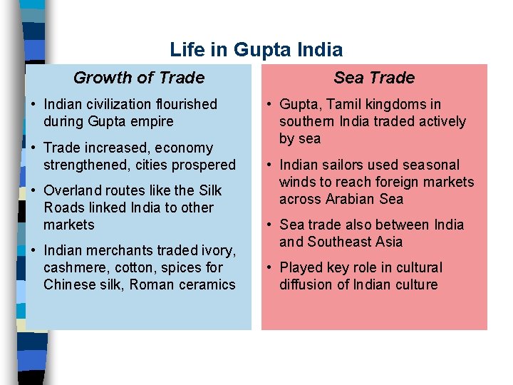 Life in Gupta India Growth of Trade • Indian civilization flourished during Gupta empire