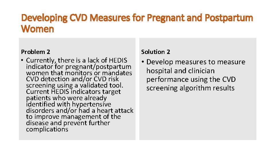 Developing CVD Measures for Pregnant and Postpartum Women Problem 2 • Currently, there is