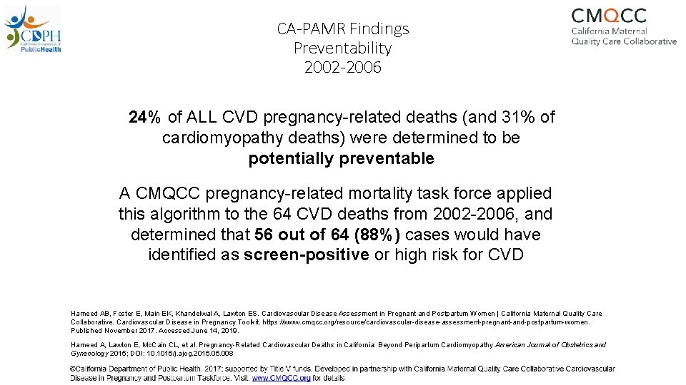 CA-PAMR Findings Preventability 2002 -2006 24% of ALL CVD pregnancy-related deaths (and 31% of