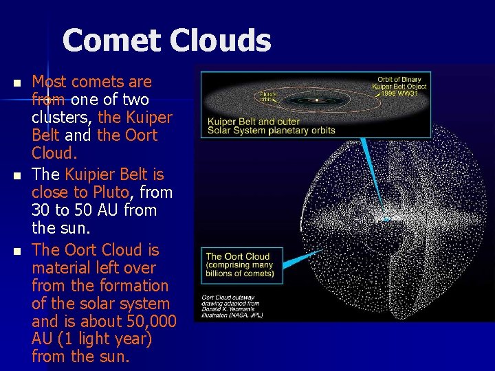 Comet Clouds n n n Most comets are from one of two clusters, the