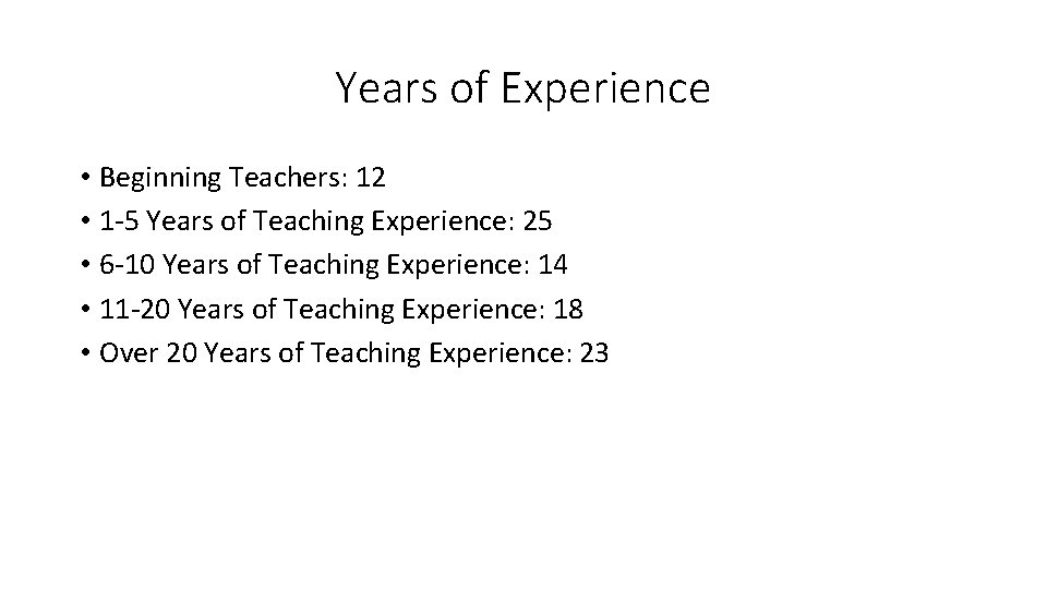 Years of Experience • Beginning Teachers: 12 • 1 -5 Years of Teaching Experience: