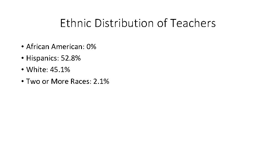 Ethnic Distribution of Teachers • African American: 0% • Hispanics: 52. 8% • White: