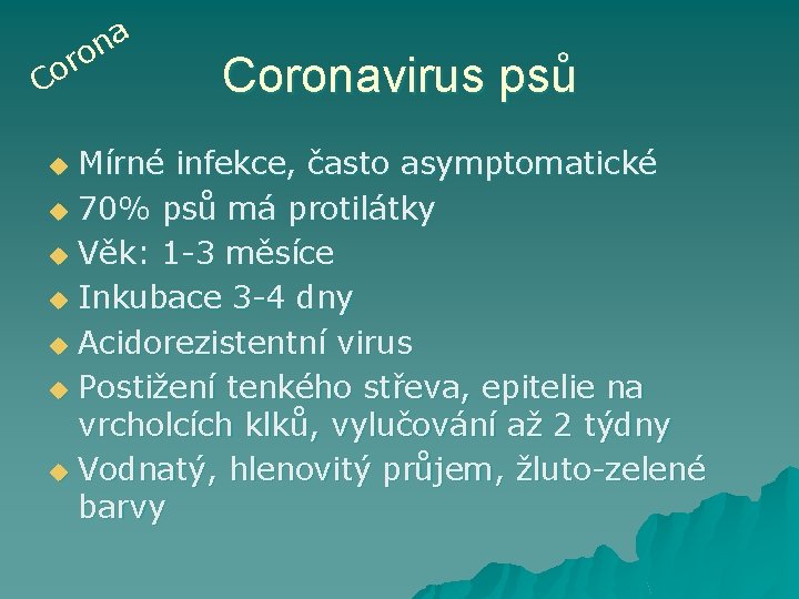 a n o r o C Coronavirus psů Mírné infekce, často asymptomatické u 70%