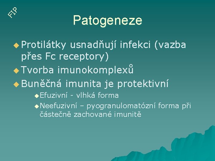 FI P Patogeneze u Protilátky usnadňují infekci (vazba přes Fc receptory) u Tvorba imunokomplexů