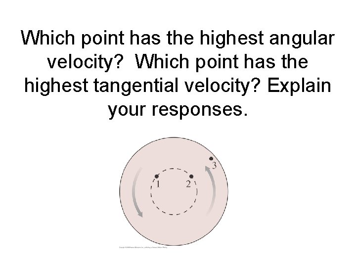 Which point has the highest angular velocity? Which point has the highest tangential velocity?
