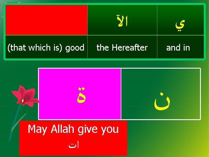 (that which is) good ﺍﻵ ﻱ the Hereafter and in ﺓ May Allah give