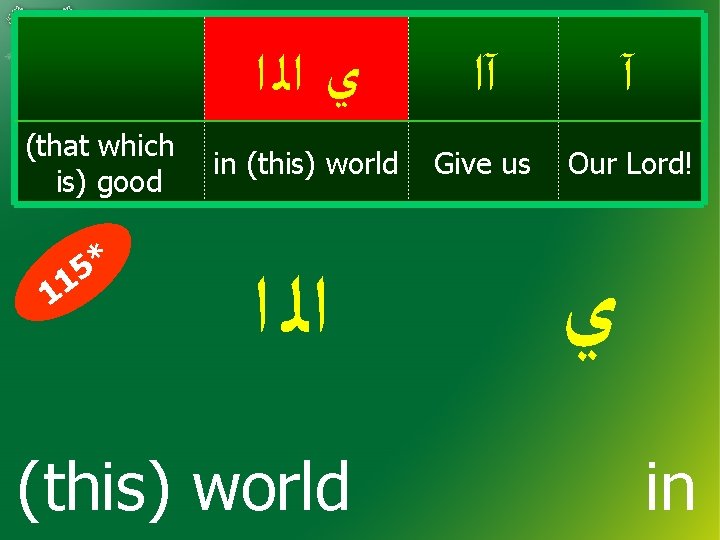 (that which is) good * 5 11 ﻱ ﺍﻟ ﺍ آ in (this) world