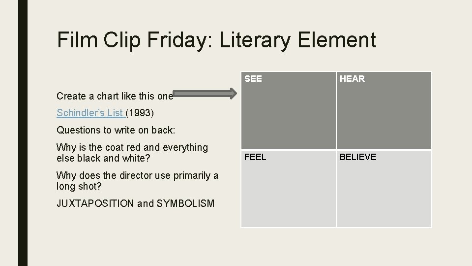 Film Clip Friday: Literary Element SEE HEAR FEEL BELIEVE Create a chart like this