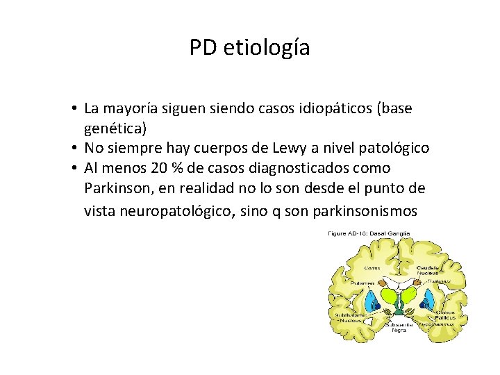 PD etiología • La mayoría siguen siendo casos idiopáticos (base genética) • No siempre