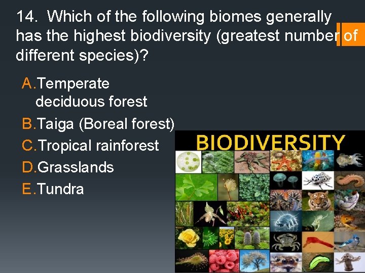14. Which of the following biomes generally has the highest biodiversity (greatest number of