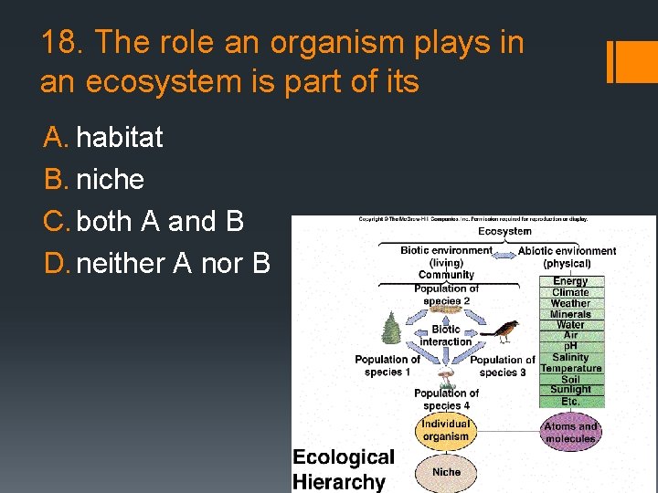 18. The role an organism plays in an ecosystem is part of its A.