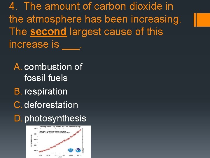 4. The amount of carbon dioxide in the atmosphere has been increasing. The second
