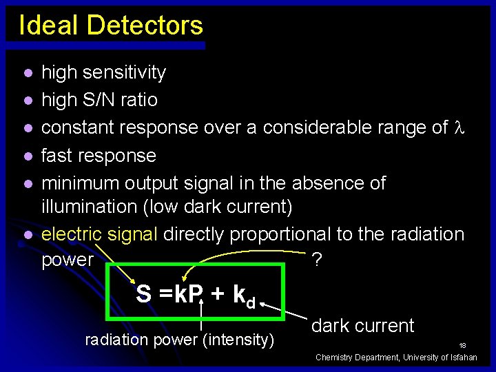 Ideal Detectors l l l high sensitivity high S/N ratio constant response over a