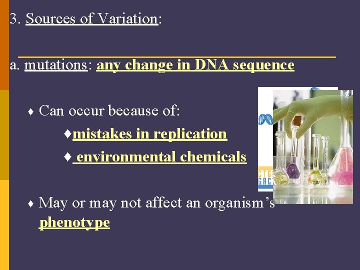 3. Sources of Variation: a. mutations: any change in DNA sequence ♦ Can occur