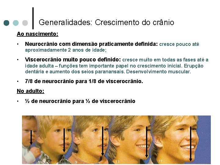 Generalidades: Crescimento do crânio Ao nascimento: • Neurocrânio com dimensão praticamente definida: cresce pouco