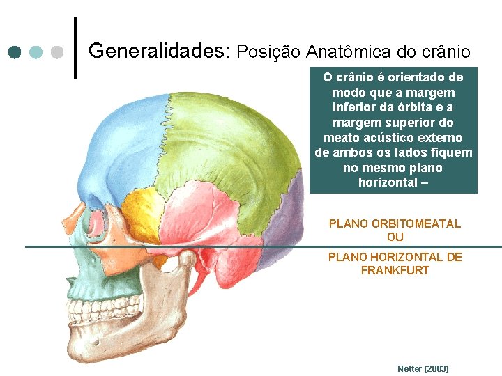 Generalidades: Posição Anatômica do crânio O crânio é orientado de modo que a margem