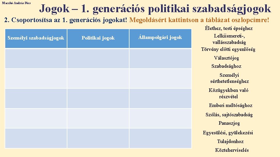 Maczkó András Pécs Jogok – 1. generációs politikai szabadságjogok 2. Csoportosítsa az 1. generációs