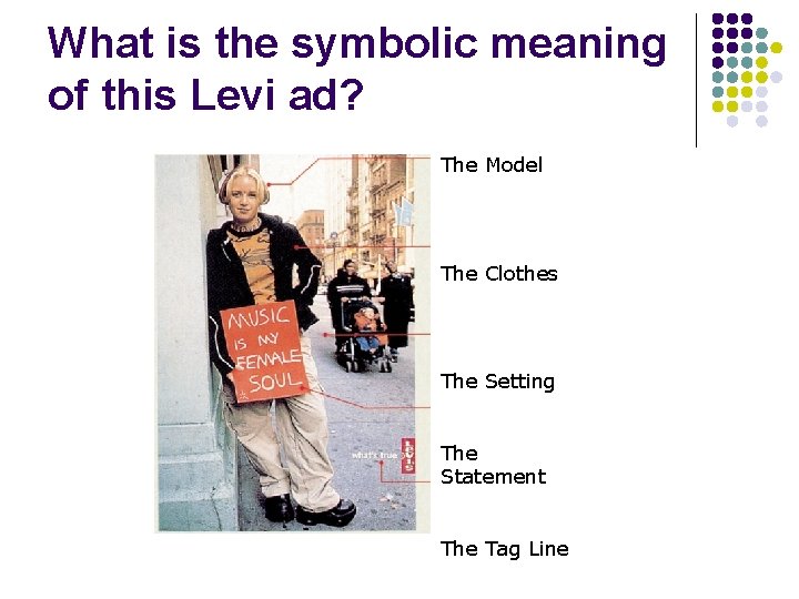 What is the symbolic meaning of this Levi ad? The Model The Clothes The