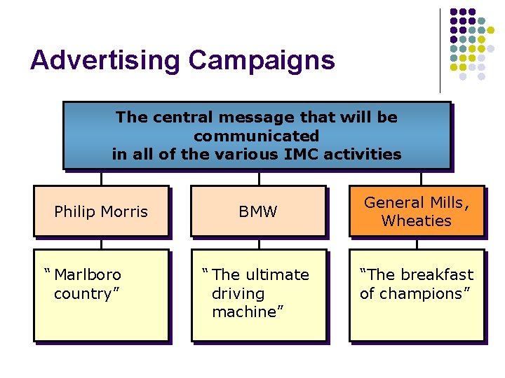 Advertising Campaigns The central message that will be communicated in all of the various