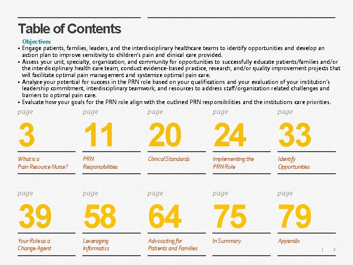 Table of Contents Objectives • Engage patients, families, leaders, and the interdisciplinary healthcare teams