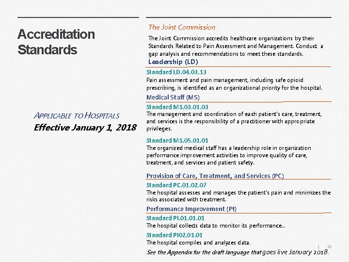 Accreditation Standards The Joint Commission accredits healthcare organizations by their Standards Related to Pain