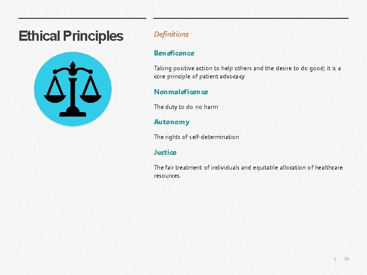 Ethical Principles Definitions Beneficence Taking positive action to help others and the desire to