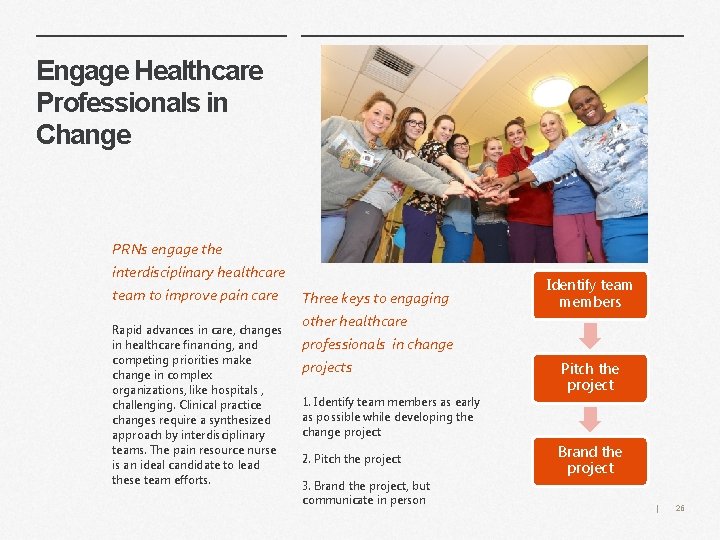 Engage Healthcare Professionals in Change PRNs engage the interdisciplinary healthcare team to improve pain