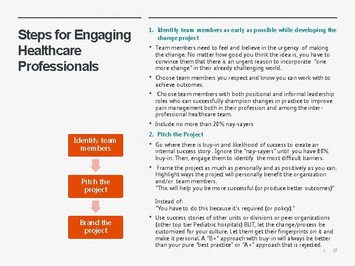 Steps for Engaging Healthcare Professionals 1. Identify team members as early as possible while