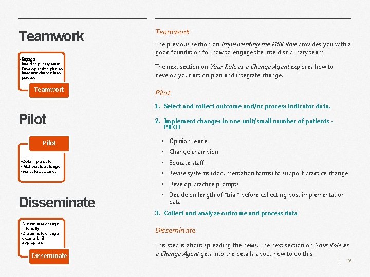 Teamwork • Engage interdisciplinary team • Develop action plan to integrate change into practice