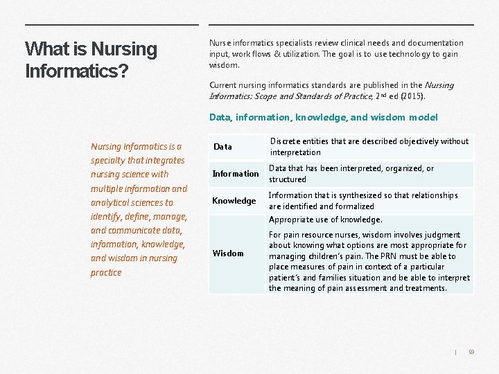 What is Nursing Informatics? Nurse informatics specialists review clinical needs and documentation input, work