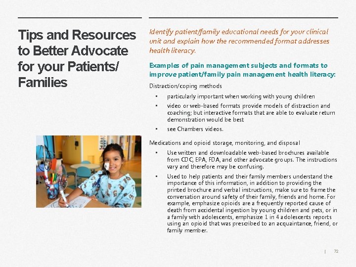 Tips and Resources to Better Advocate for your Patients/ Families Identify patient/family educational needs