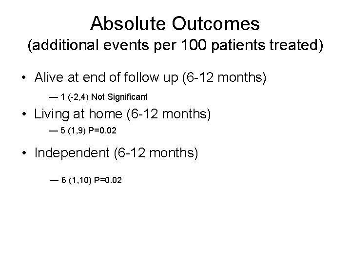 Absolute Outcomes (additional events per 100 patients treated) • Alive at end of follow Absolute Outcomes (additional events per 100 patients treated) • Alive at end of follow