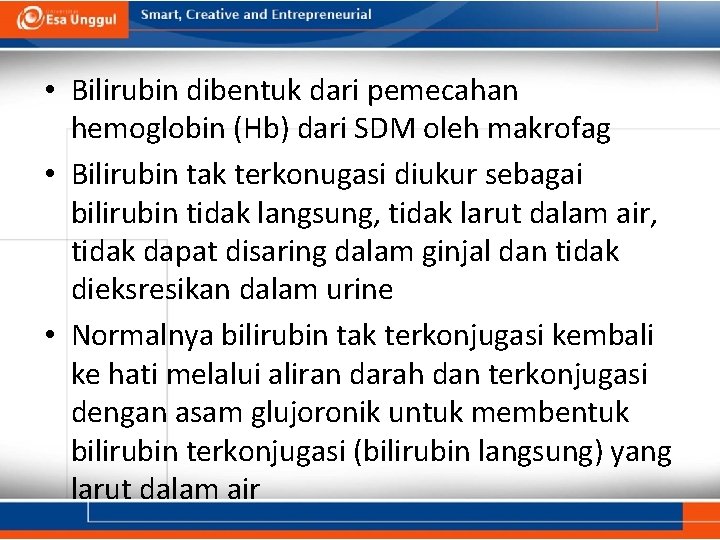  • Bilirubin dibentuk dari pemecahan hemoglobin (Hb) dari SDM oleh makrofag • Bilirubin