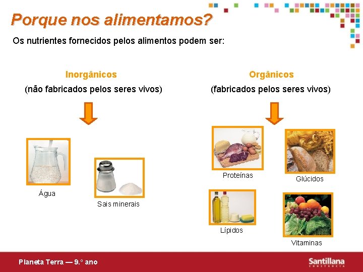 Porque nos alimentamos? Os nutrientes fornecidos pelos alimentos podem ser: Inorgânicos Orgânicos (não fabricados