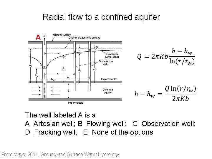 Radial flow to a confined aquifer A The well labeled A is a A