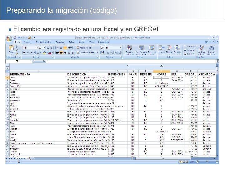 Preparando la migración (código) El cambio era registrado en una Excel y en GREGAL
