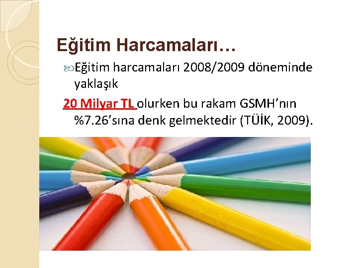 Eğitim Harcamaları… Eğitim harcamaları 2008/2009 döneminde yaklaşık 20 Milyar TL olurken bu rakam GSMH’nın