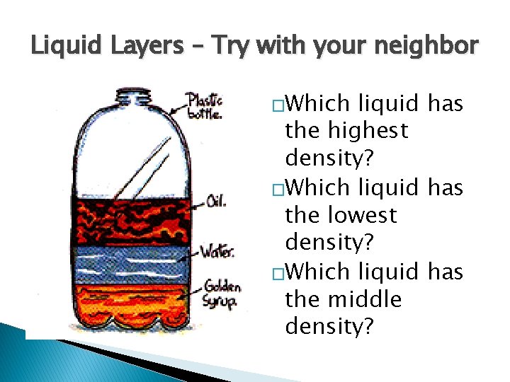 Liquid Layers – Try with your neighbor �Which liquid has the highest density? �Which