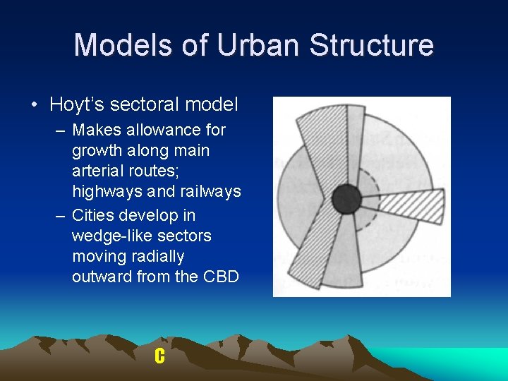 Models of Urban Structure • Hoyt’s sectoral model – Makes allowance for growth along Models of Urban Structure • Hoyt’s sectoral model – Makes allowance for growth along