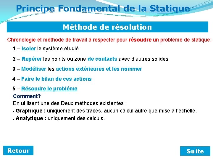 Principe Fondamental de la Statique Méthode de résolution Chronologie et méthode de travail à