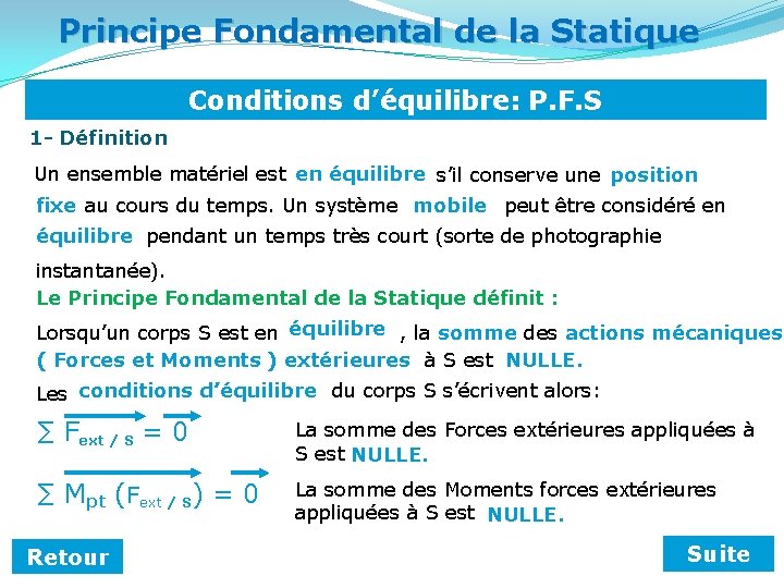 Principe Fondamental de la Statique Conditions d’équilibre: P. F. S 1 - Définition Un