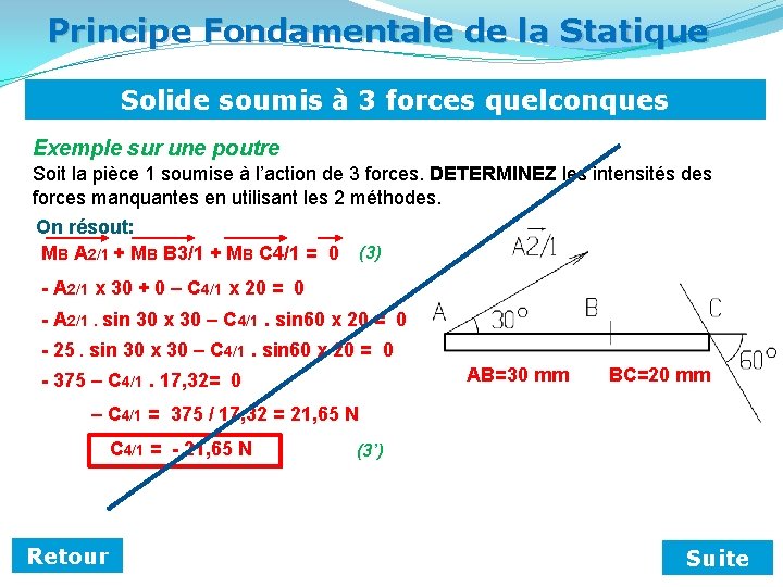 Principe Fondamentale de la Statique Solide soumis à 3 forces quelconques Exemple sur une