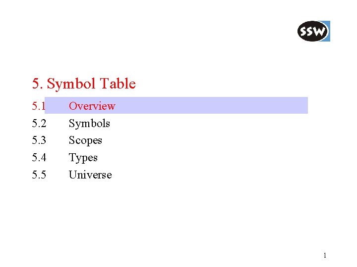 5. Symbol Table 5. 1 5. 2 5. 3 5. 4 5. 5 Overview