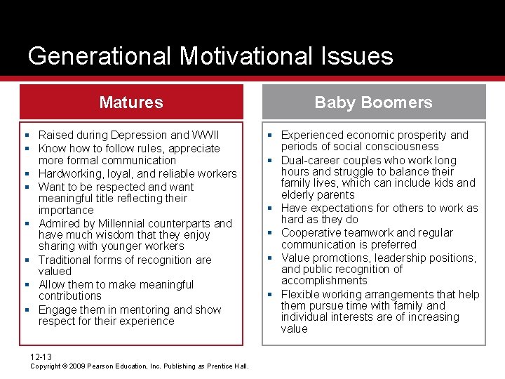 Generational Motivational Issues Matures Baby Boomers § Raised during Depression and WWII § Know