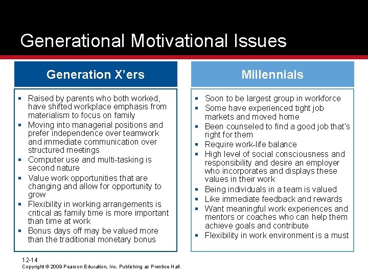 Generational Motivational Issues Generation X’ers Millennials § Raised by parents who both worked, have