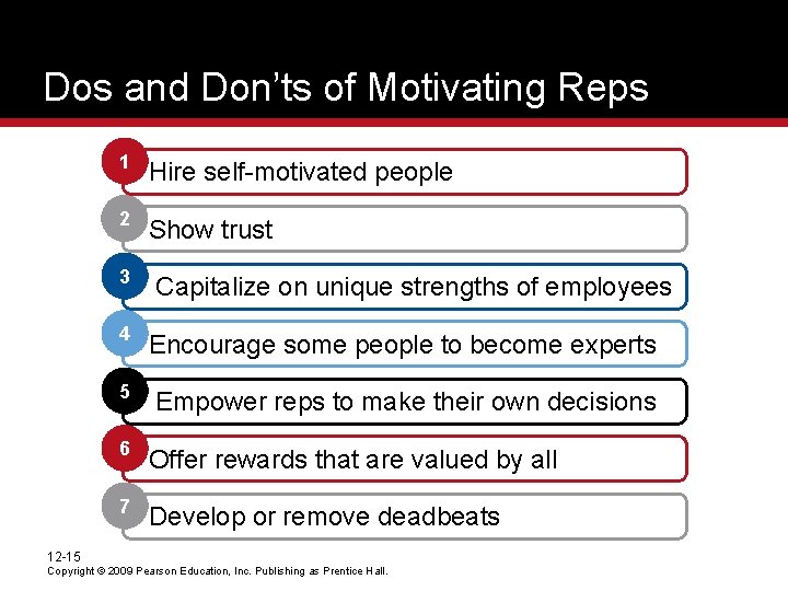 Dos and Don’ts of Motivating Reps 1 Hire self-motivated people 2 Show trust 3