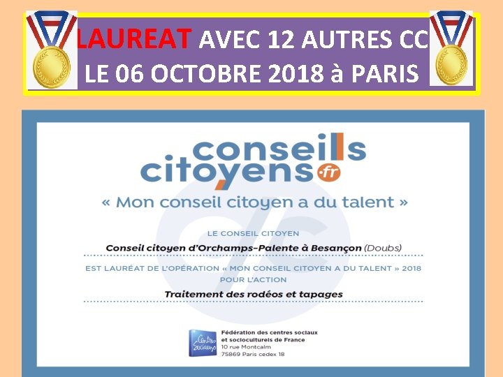 LAUREAT AVEC 12 AUTRES CC LE 06 OCTOBRE 2018 à PARIS 